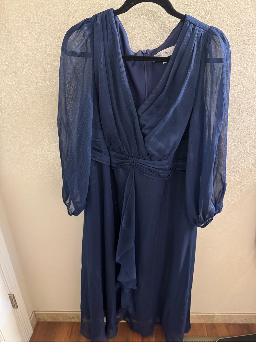 Ever Pretty Navy Blue Long Sleeve Chiffon Wrap Dress